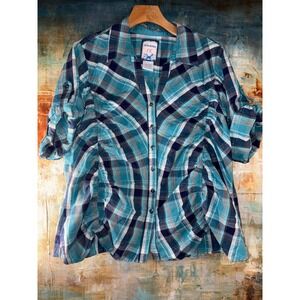 Cotton Express Blue Plaid Metallic Ruched Roll Tab Button Front Top Plus Size 2X